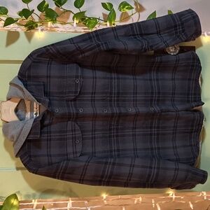 Men's Tallwoods Grey Dark Blue Plaid Flannel Sherpa Lined Hoodie Jacket M